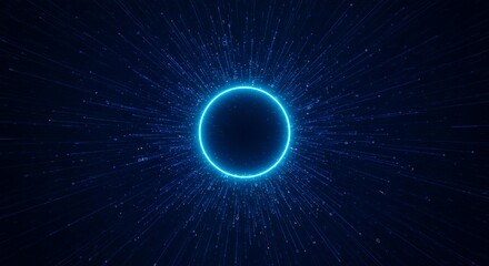 Fototapeta premium Glowing blue neon circle portal with radiating light rays and particle effects on dark background, abstract technology digital communication concept illustration