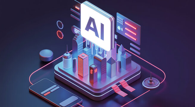 Futuristic isometric illustration of artificial intelligence concept with glowing ai sign and abstract data streams - Powered by Adobe