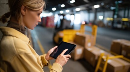 Female warehouse supervisor is using tablet to check inventory in busy warehouse filled with boxes and equipment, showcasing efficiency and focus