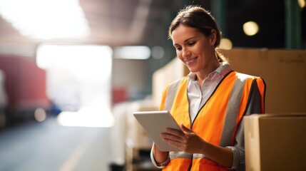 Female warehouse supervisor orange safety vest is smiling while using tablet warehouse setting. background features boxes and well lit environment, conveying sense of productivity and efficiency