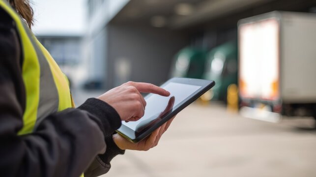 Efficient warehouse supervisor using tablet to manage logistics and operations, showcasing modern approach to inventory control and communication in busy environment - Powered by Adobe