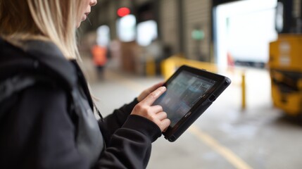 Female warehouse supervisor uses tablet to check inventory in busy warehouse environment, showcasing her focus and professionalism
