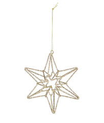 Obraz premium Gold star steel frame, Christmas glitter flakes with hanging rope cut out isolated transparent background