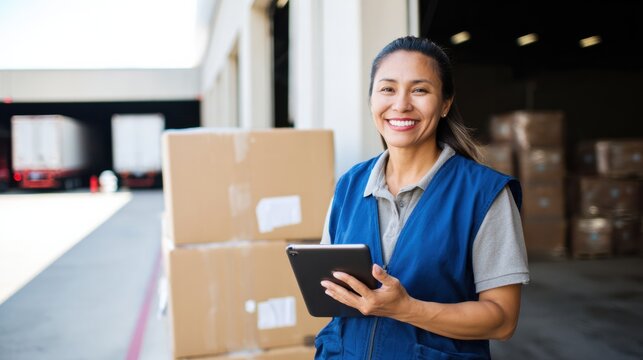 Female warehouse supervisor smiles while holding tablet, surrounded by cardboard boxes in loading area. Her confident expression reflects her leadership role in logistics and inventory management
