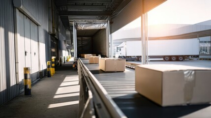 Efficient conveyor system transporting packages in warehouse loading area, showcasing organized logistics and streamlined operations. warm sunlight enhances atmosphere of productivity and movement