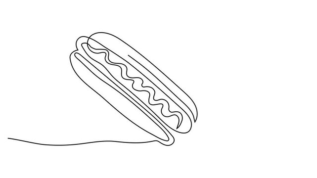 Animated self drawing of continuous line draw hotdog. Street food. American meal. Bite snack. For restaurant or cafe menu. Full length single line animation