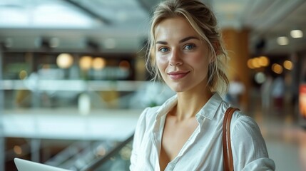 Balance Awareness Week, Professional businesswoman in modern office, balancing a laptop on one hand and family photo on the other, natural lighting through large windows