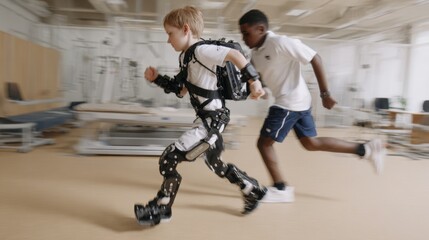 Fototapeta premium Side angle medium shot showing a child using an advanced mobility exoskeleton sprinting alongside a classmate in a therapy hall with a shallow depth of field isolating the athletes