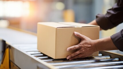 Worker adjusts package position on conveyor belt in warehouse, showcasing efficiency and attention to detail in logistics operations