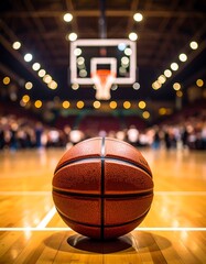 Basketball on court, blurred crowd