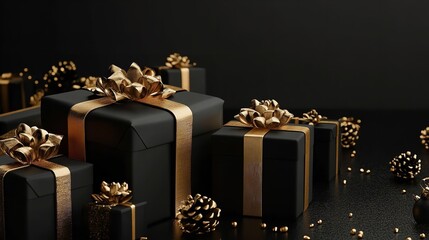 Elegant black gift boxes with gold ribbons and bows on a dark surface for a luxurious presentation