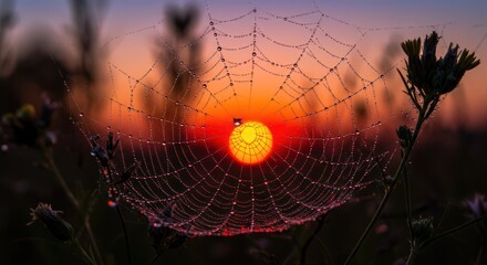 Spiderweb with dewdrops silhouetted against sunrise in a field