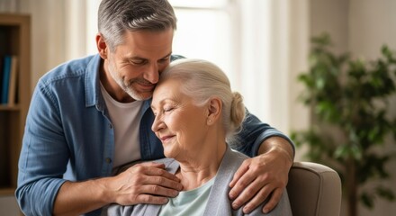 Affectionate Man Embracing Elderly Mother at Home a Heartwarming Moment of Love and Family Togetherness and Companionship World Peace Day & World Alzheimer's Day