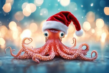 Cute octopus with christmas hat on bokeh background