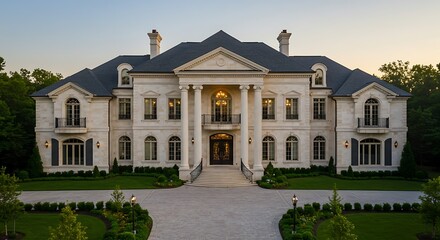 Obraz premium Luxury inviting USA home exterior designed with opulent mansion with grand entrance and marble exteriors