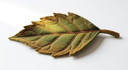 Fototapeta premium Hand-crafted felt leaf on a solid white background, handmade miniature