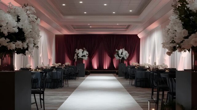 Elegant wedding event setup in hotel ballroom with lavish floral decor and lighting