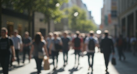 Defocused busy city street with blurred crowd of pedestrians walking and white bokeh highlights creating dreamy urban atmosphere