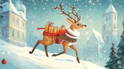 Fairy deer in Santa Claus harness in postcard illustration style. Merry christmas and happy new year concept
