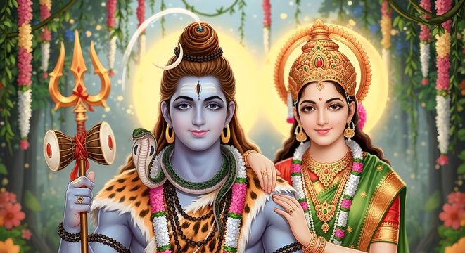Divine representation of Lord Shiva with Goddess Parvati in a vibrant forest with glowing aura trishul damru flowers ornaments blessings spirituality devotion ... See More