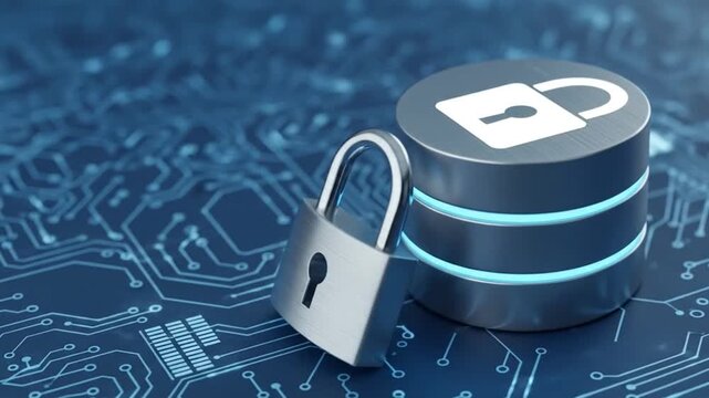 Security padlock and database on circuit board background for protection