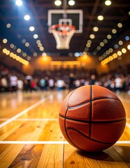 Basketball on court, spectators