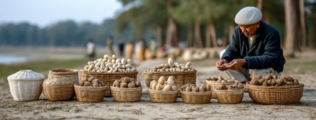 A farmer sits on the ground, holding coins and gazing at them with baskets of potatoes, carrots, and greens around him in a vibrant market