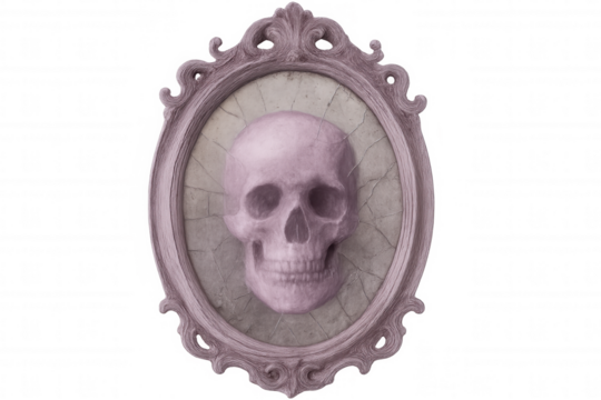 Vintage baroque frame displaying pink human skull resting on cracked oval surface, creating macabre artistic statement against transparent backdrop