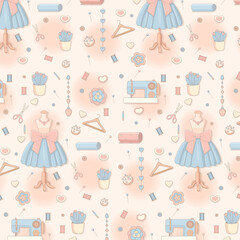 Pastel Seamless Pattern with Sewing and Dressmaking Elements