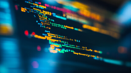 Code on a computer screen displaying programming logic and syntax in a colorful interface at night