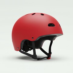 Fototapeta premium Red matte sports helmet with multiple ventilation holes and adjustable chin strap on neutral background for skateboarding cycling and extreme sports safety
