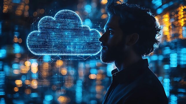 Digital cloud computing concept with a man.