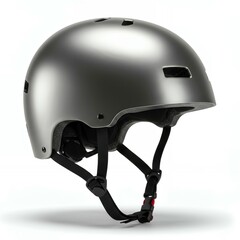 Fototapeta premium Silver metallic skate helmet with ventilation system and black straps for urban cycling skateboarding sports protection equipment side view