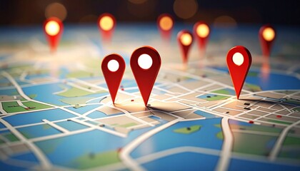 A glowing city map at night with red location markers highlighting key destinations, set against a blurred urban skyline to evoke navigation, precision, and modern connectivity.