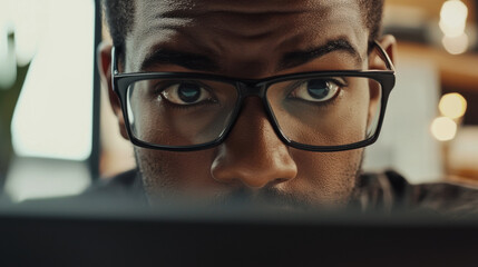 Young man focused on computer screen while wearing glasses in a modern workspace during daylight hours