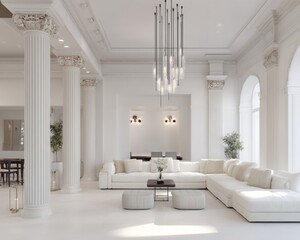 Luxurious white living room with architectural details.