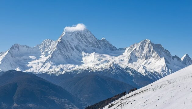 A majestic mountain range covered in snow under a clear blue sky on a bright sunny day in a winter landscape