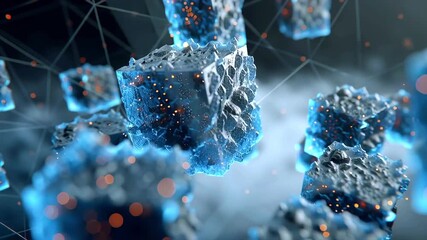 Digital blue ice cubes drifting within dark technological space, gradually linking through luminescent linear connections, symbolizing network communication and data transmission - Powered by Adobe