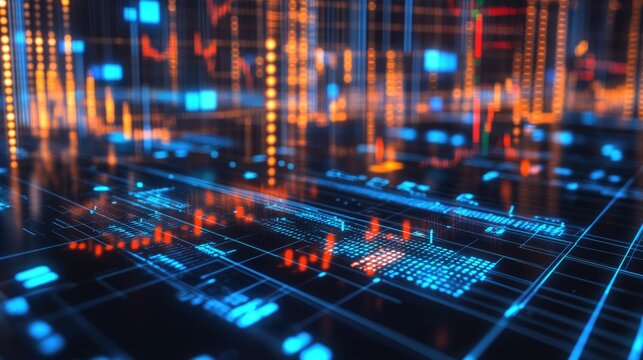 Futuristic digital data visualization with vibrant colors and dynamic graphs for advanced tech and business themes.