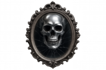 Silver human skull resting on cracked glass in ornate frame against transparent background, creating a dark and mysterious atmosphere