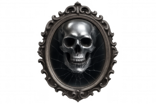 Silver human skull resting on cracked glass in ornate frame against transparent background, creating a dark and mysterious atmosphere