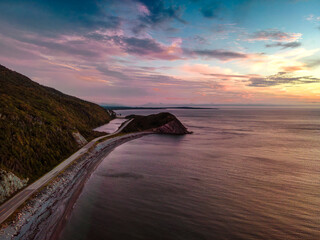 winding road through the forest . View from top of a cliff. Nova scotia canada.