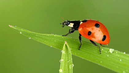 Ladybug on Dew-Kissed Grass Blade Close-Up