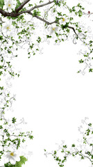 Elegant floral border with green leaves and white flowers for decorative use in various designs, on white background