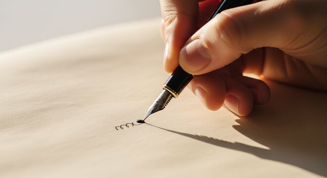 Close-up of hand writing with a classic fountain pen on textured paper