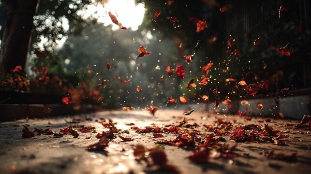 Autumn leaves scatter across a sunlit path in a park, with trees in background