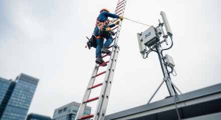 View from below of a technician climbing a ladder to access a rooftop 5G microcell antenna system for rigging adjustments.