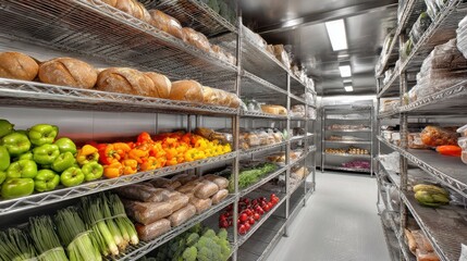 Fototapeta premium Stunning photo of walk-in industrial refrigerator with rows of neatly arranged produce and bread, clean and organized, stainless steel shelving, large-scale food storage.