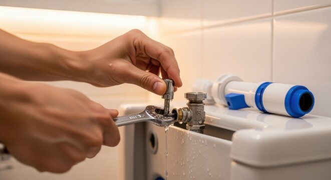 Tutorial footage showing the removal of an outdated toilet flush valve and fitting of a modern watersaving replacement kit.