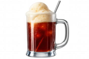 Root beer float with creamy vanilla ice cream, frothy foam, metal straw nestled in glass mug, chilled beverage against transparent backdrop